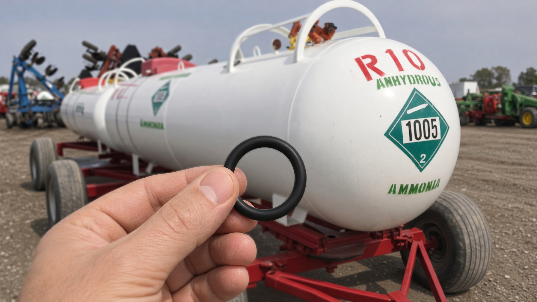 Black rubber O-Ring on a frost-covered industrial valve connected to an anhydrous ammonia cylinder