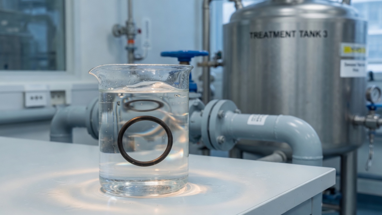 Clear unmarked beaker of aqueous solution with a small black O-Ring submerged in the liquid, water-treatment plant in the background