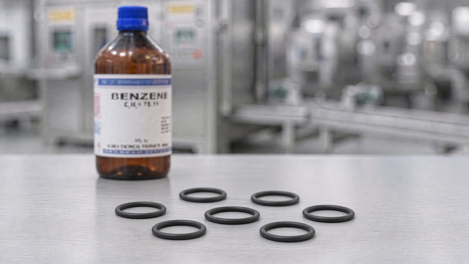 Small black round-cord O-Ring on a stainless chemical process valve flange, petrochemical solvent piping softly blurred behind