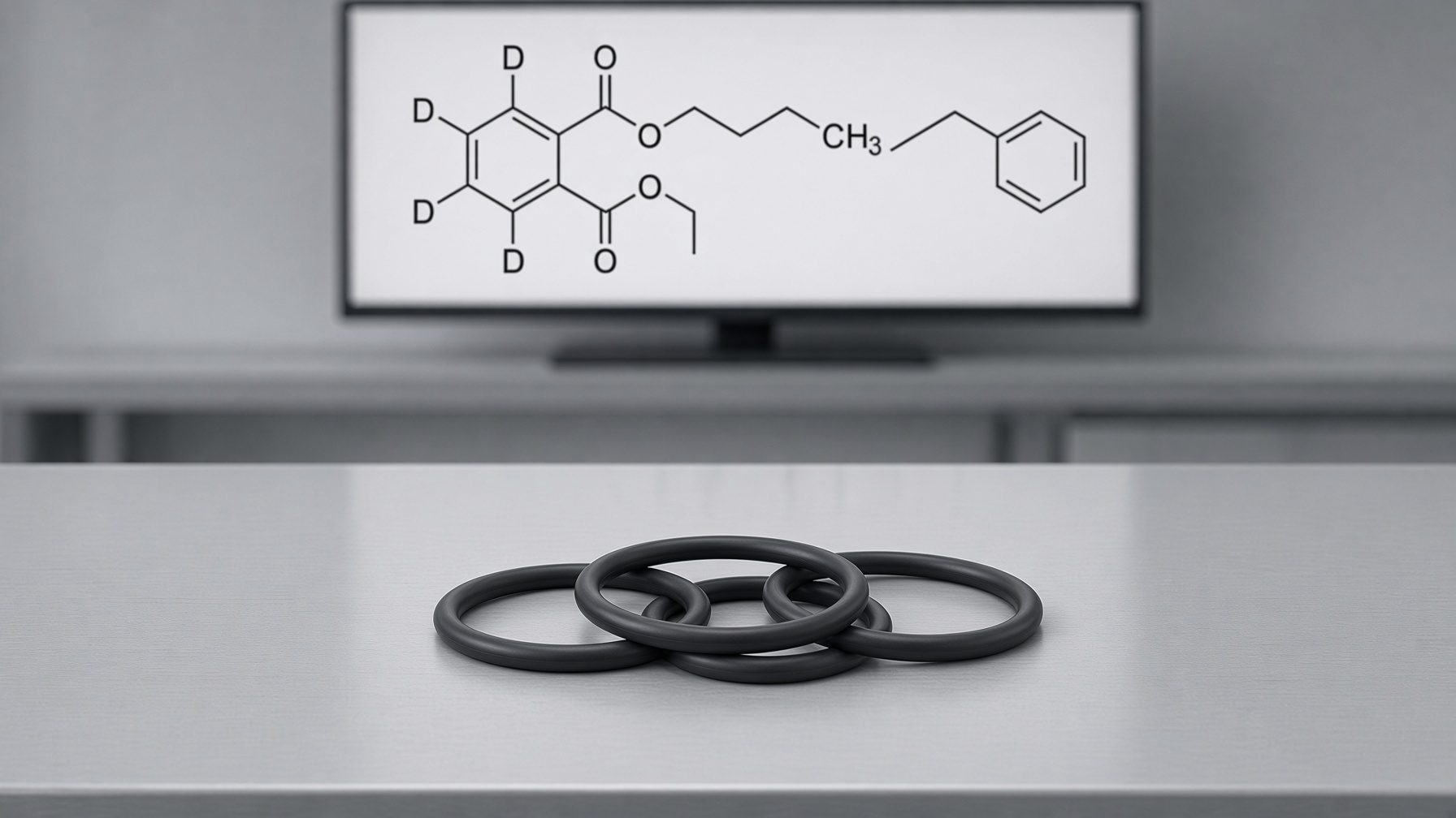 Black rubber O-Ring on frosted glass beside an amber bottle of benzyl butyl phthalate