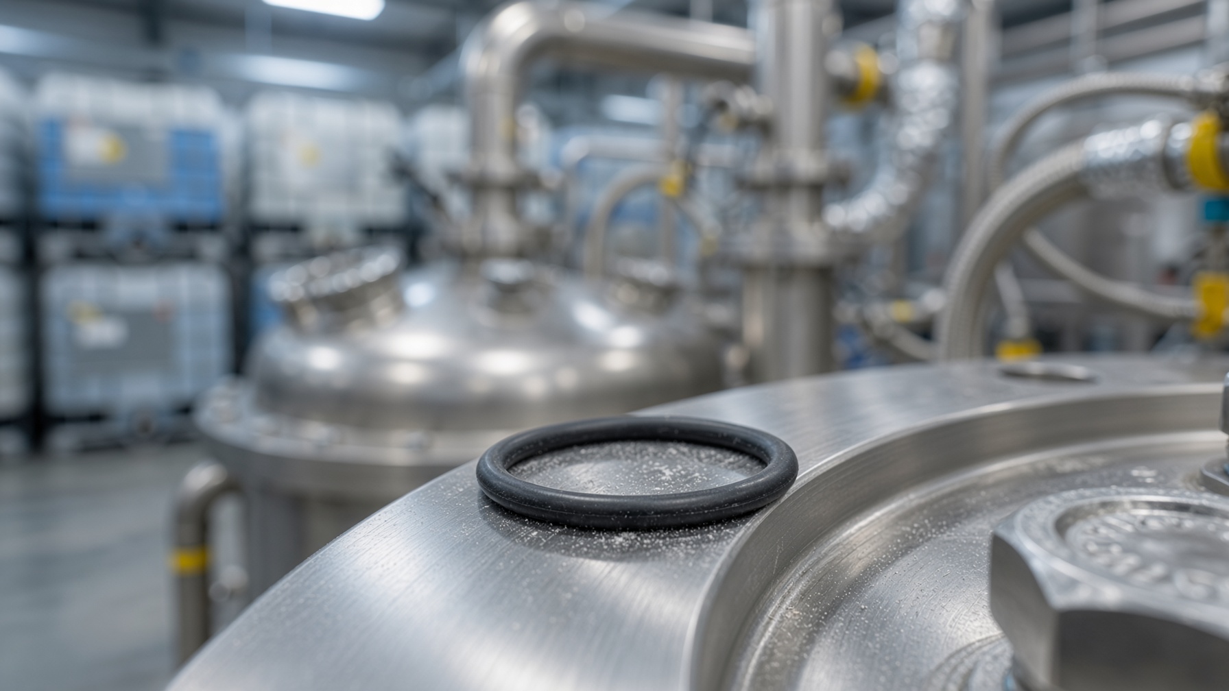 Small black O-Ring seated on a bolted stainless process flange, chemical plant piping and tanks softly blurred behind