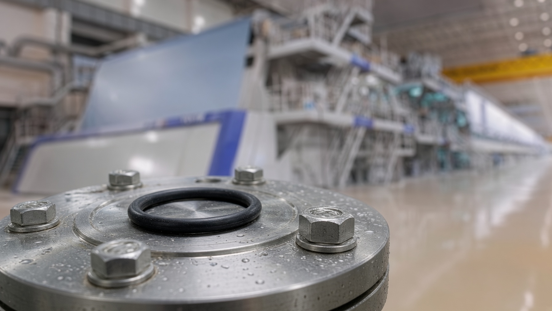 Small black O-Ring seated on a four-bolt chemical dosing pump flange, wastewater treatment sulfide totes and pipe rack softly blurred behind