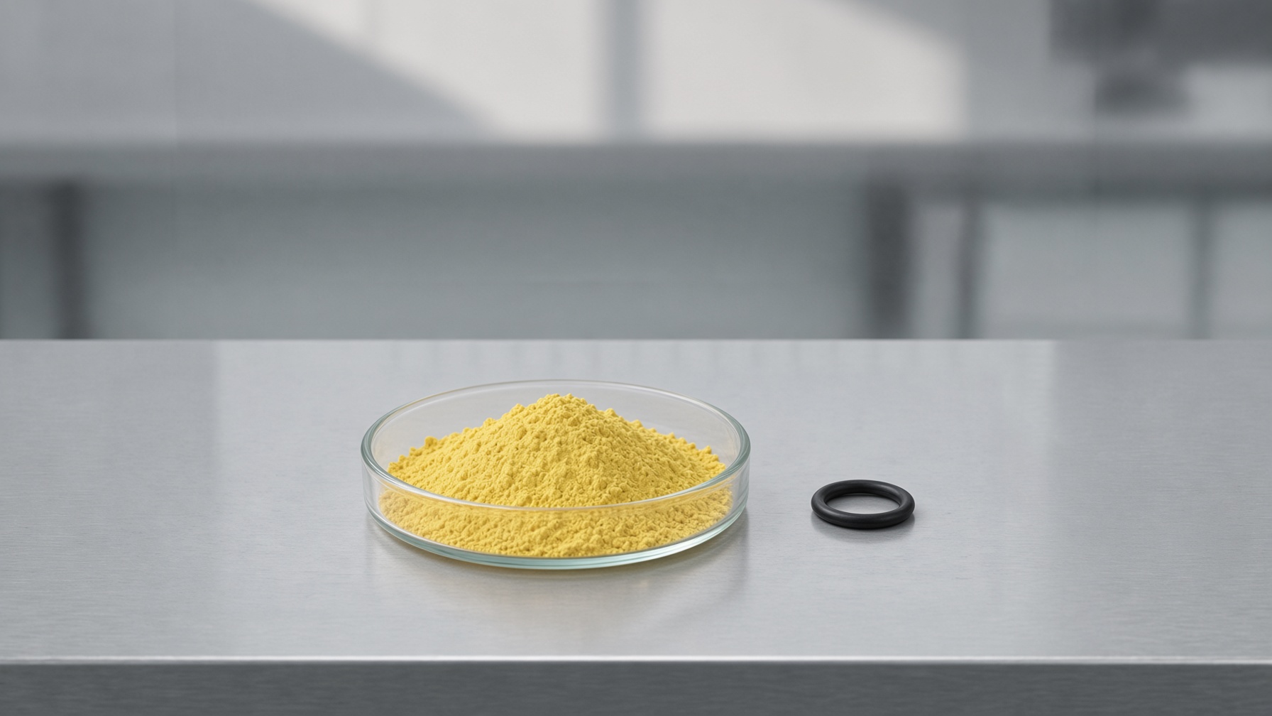 Black rubber O-Ring on a glass watch glass beside yellow chloranthraquinone powder