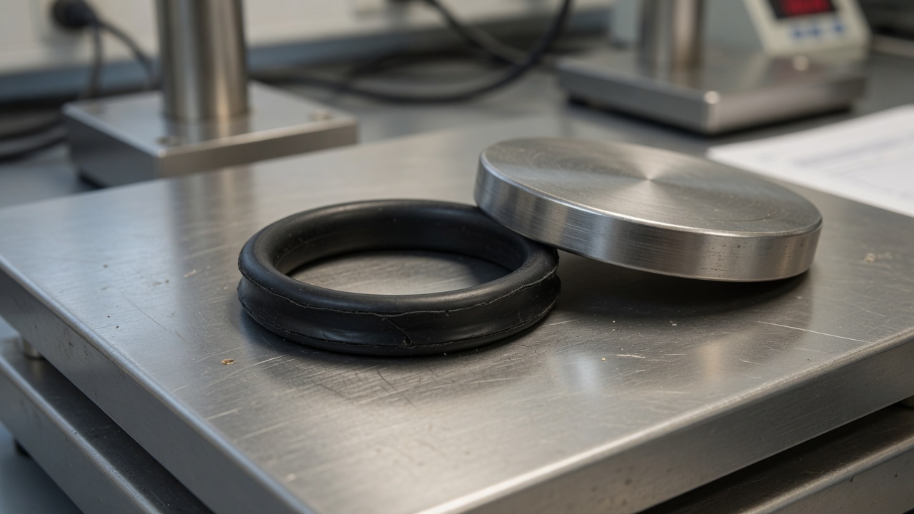 Black rubber O-Ring with a permanent flat after compression-set testing on a stainless steel fixture plate