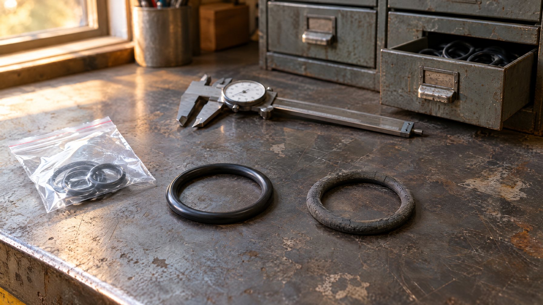 A fresh black O-Ring next to an old cracked one on a worn steel workbench, with a bag of new O-Rings, a dial caliper and an open parts drawer in warm window light