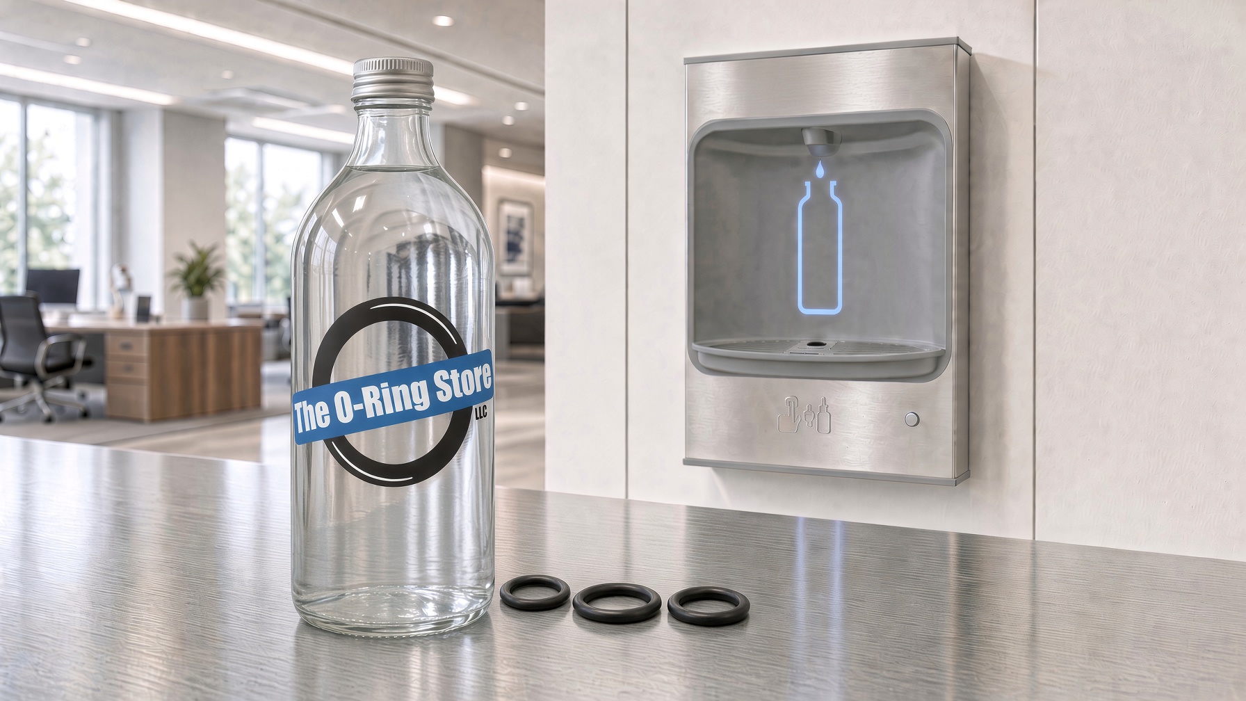 Black round-cord EPDM O-Ring on a wooden table with a stainless wall-mounted bottle filling station in the background