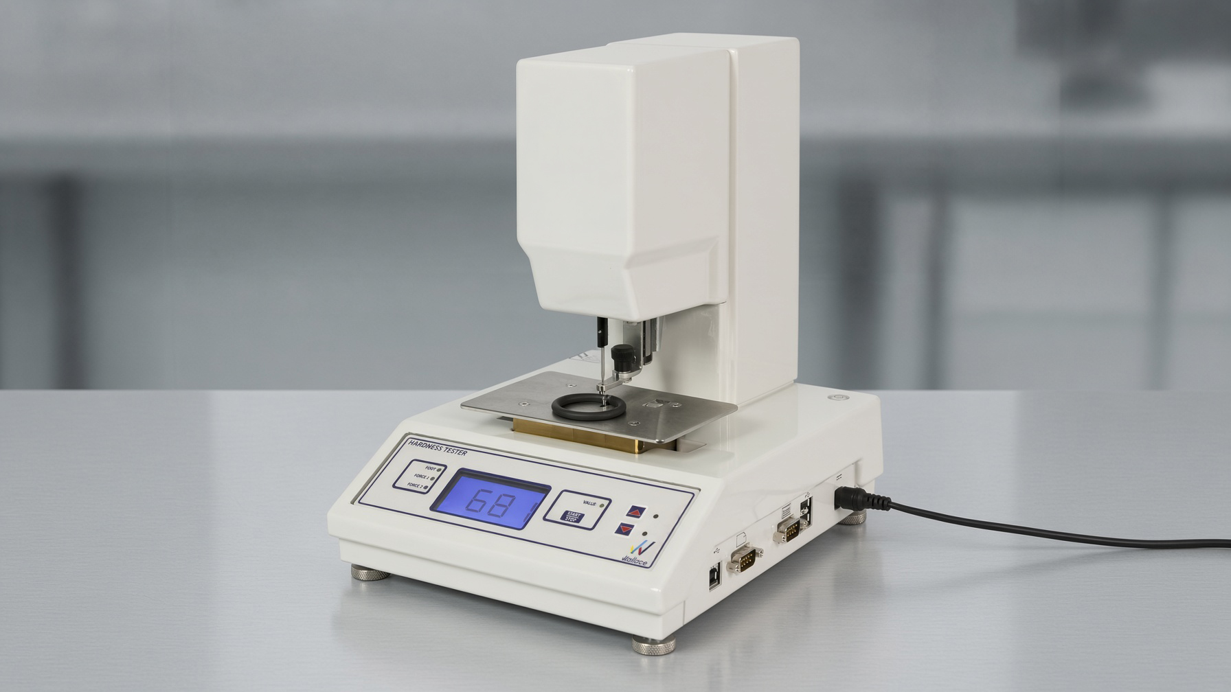 IRHD dead-load hardness tester indenting a black rubber specimen, with digital IRHD and Shore A readout on the lab bench