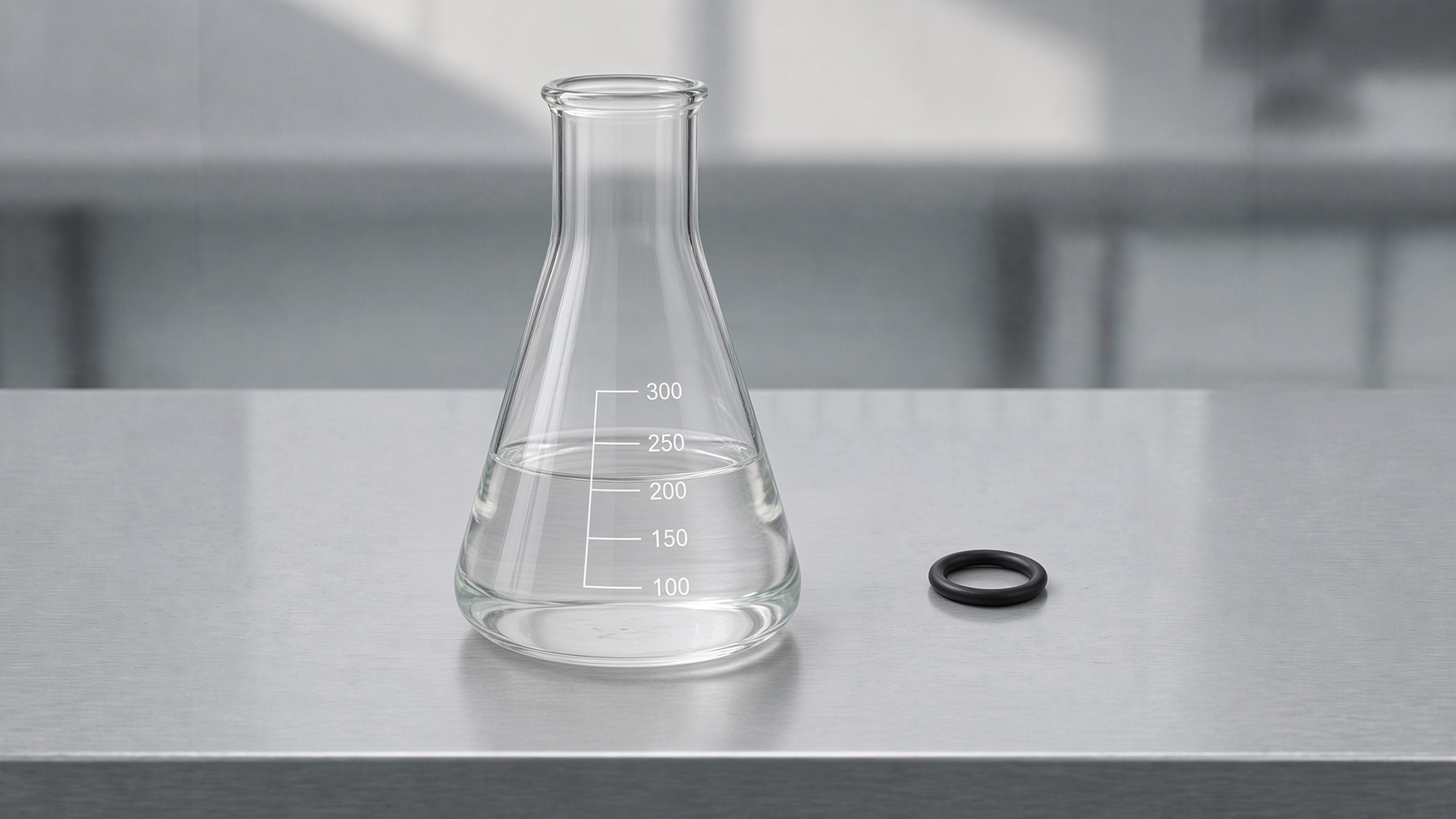 Black rubber O-Ring on a frosted glass surface beside an amber bottle of isobutyl chloride