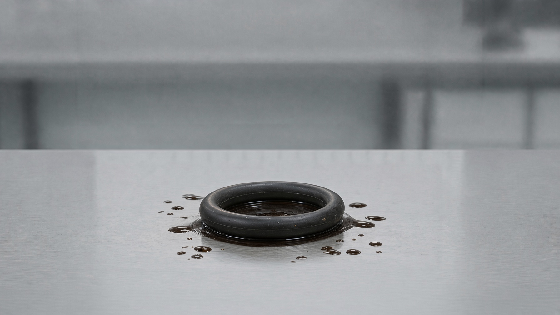 Small black round-cord O-Ring on a lubricated pump flange, amber lubricating oil and industrial lube skid softly blurred behind