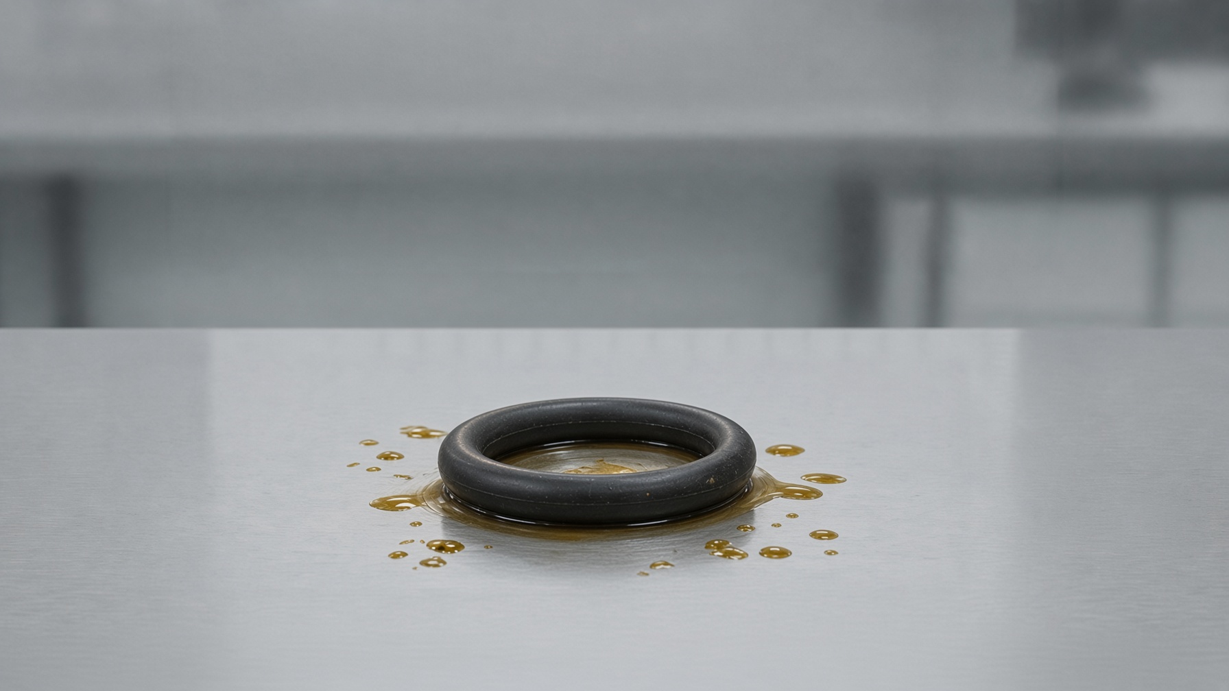 Small black round-cord O-Ring on a machined steel lubricant manifold with a thin film of amber synthetic oil, industrial compressor and hydraulic piping softly blurred behind