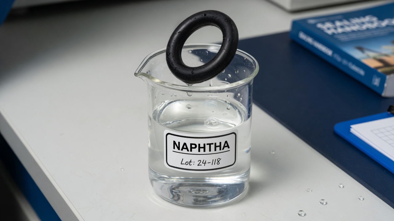 Clear glass beaker of naphtha with a black O-Ring falling into the liquid