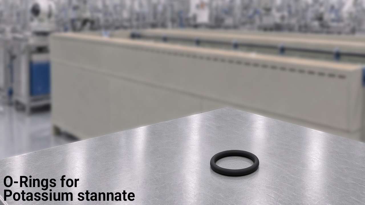 Small black O-Ring on the rim of an alkaline tin electroplating tank with parts on a rack and a soft-focus plating line behind