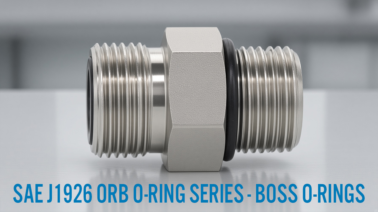 Red SAE J1926 ORB hydraulic fittings with black AS568 900-series boss O-Rings seated on the straight-thread studs