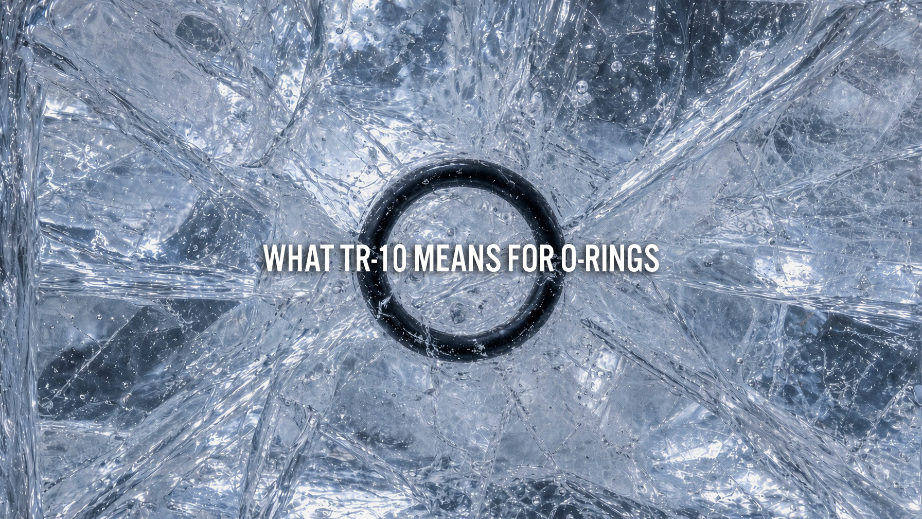 Assorted black rubber O-Rings on a cold frosted surface with ice crystals
