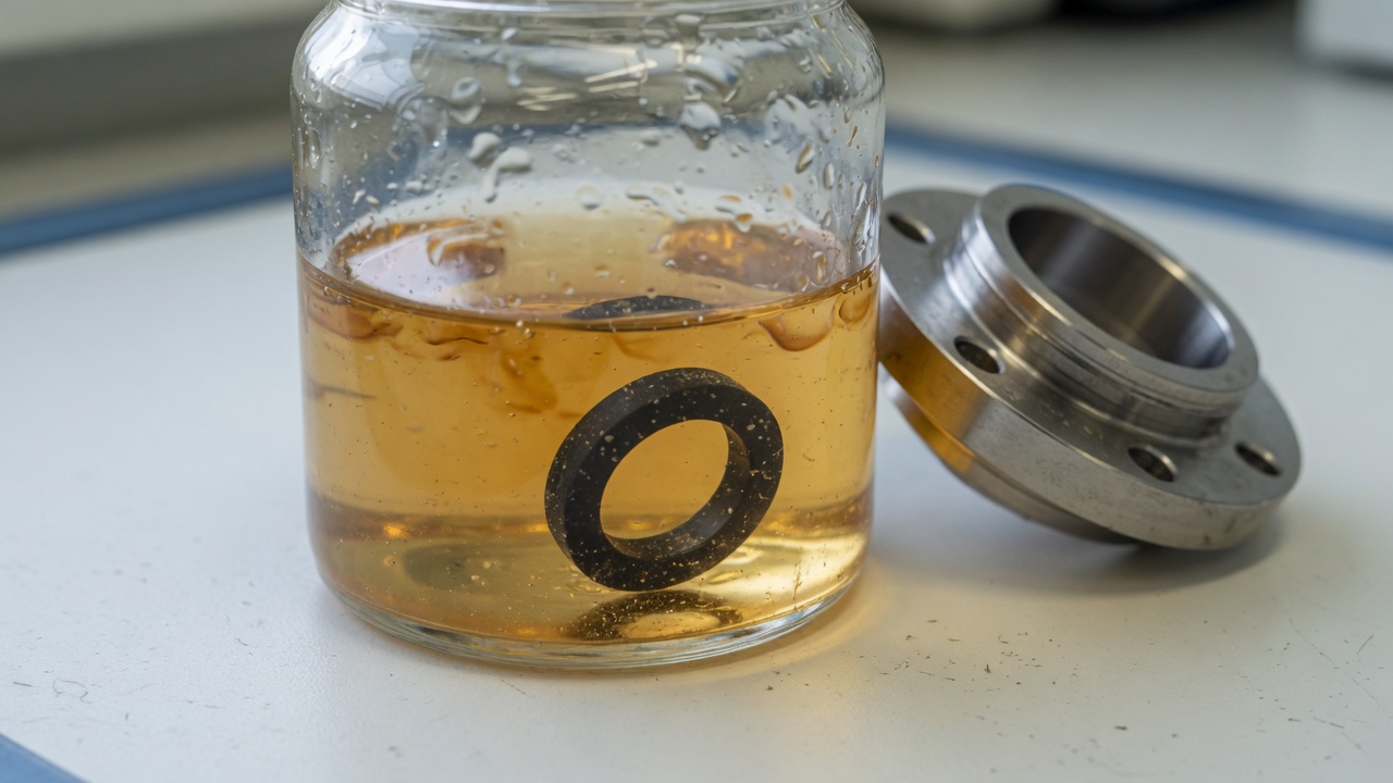 Small black round-cord O-Ring in a clear immersion jar with amber process fluid beside a metal gland on a lab bench